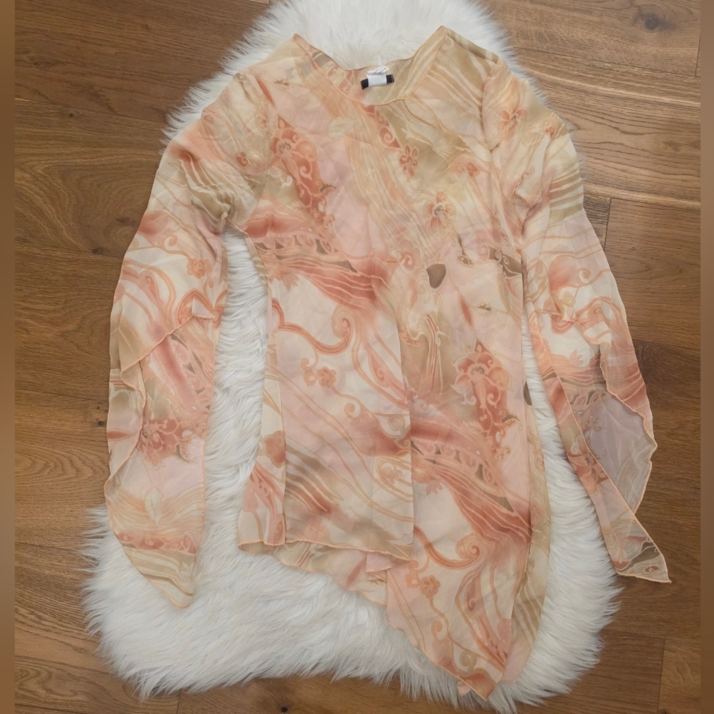 Vintage Sheer Asymmetrical Peplum Top in Peach Swirl